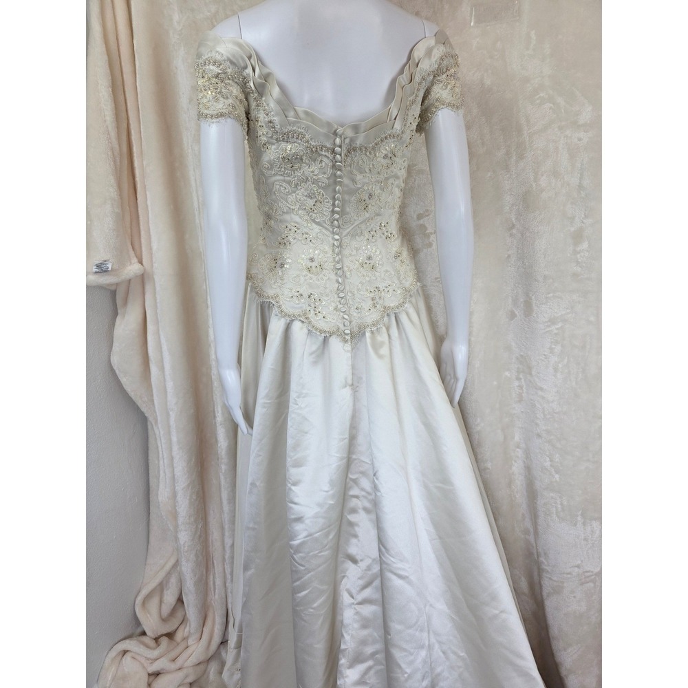 Mon‎ Cheri Bridals Ivory Satin Off Shoulder Beaded Lace Wedding Gown Long Train